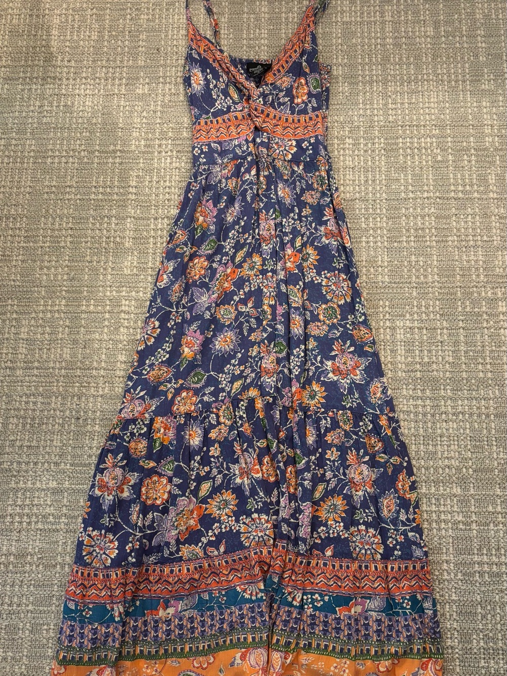 Bohemian Navy Floral Maxi Dress with Orange Accents